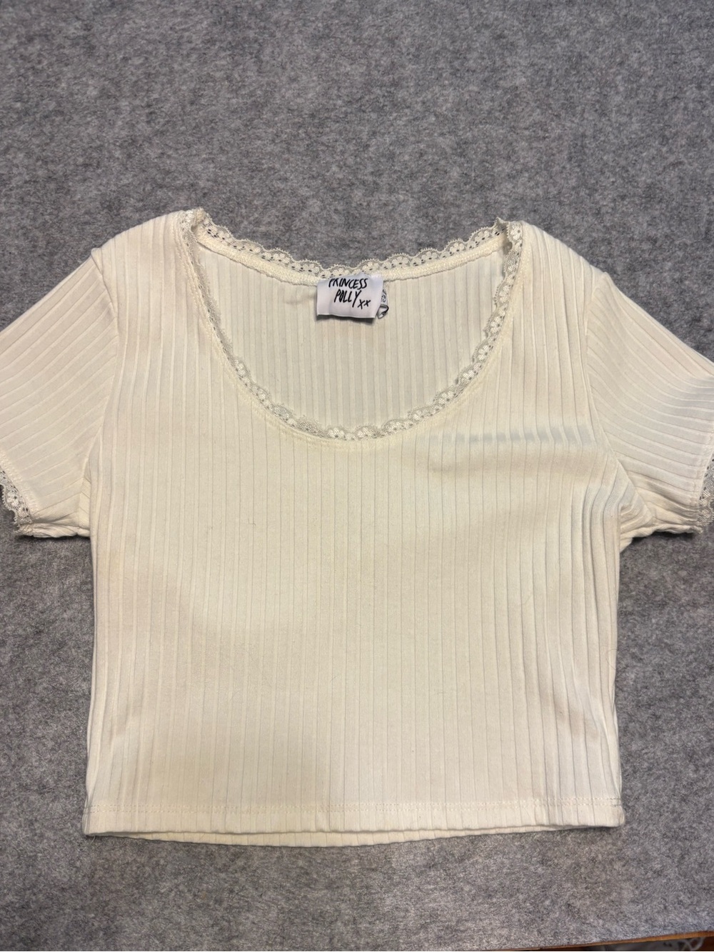 Princess Polly Cream Ribbed Lace-Trim Crop Top